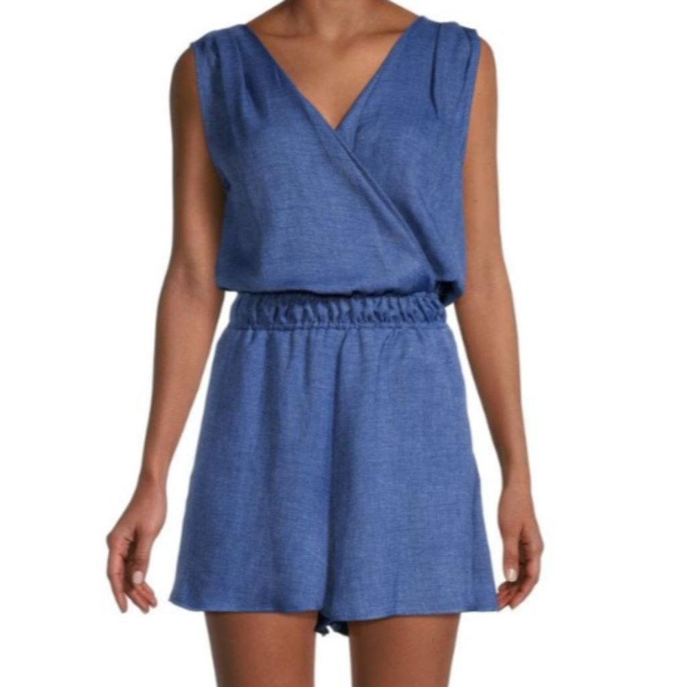 West Kei Blue V Neck Elastic Waist Shorts Romper Women Size S - Picture 1 of 10